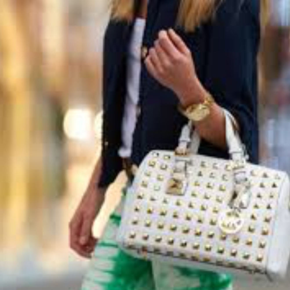 HOT! Micheal Kors White Satchel With Gold Studs